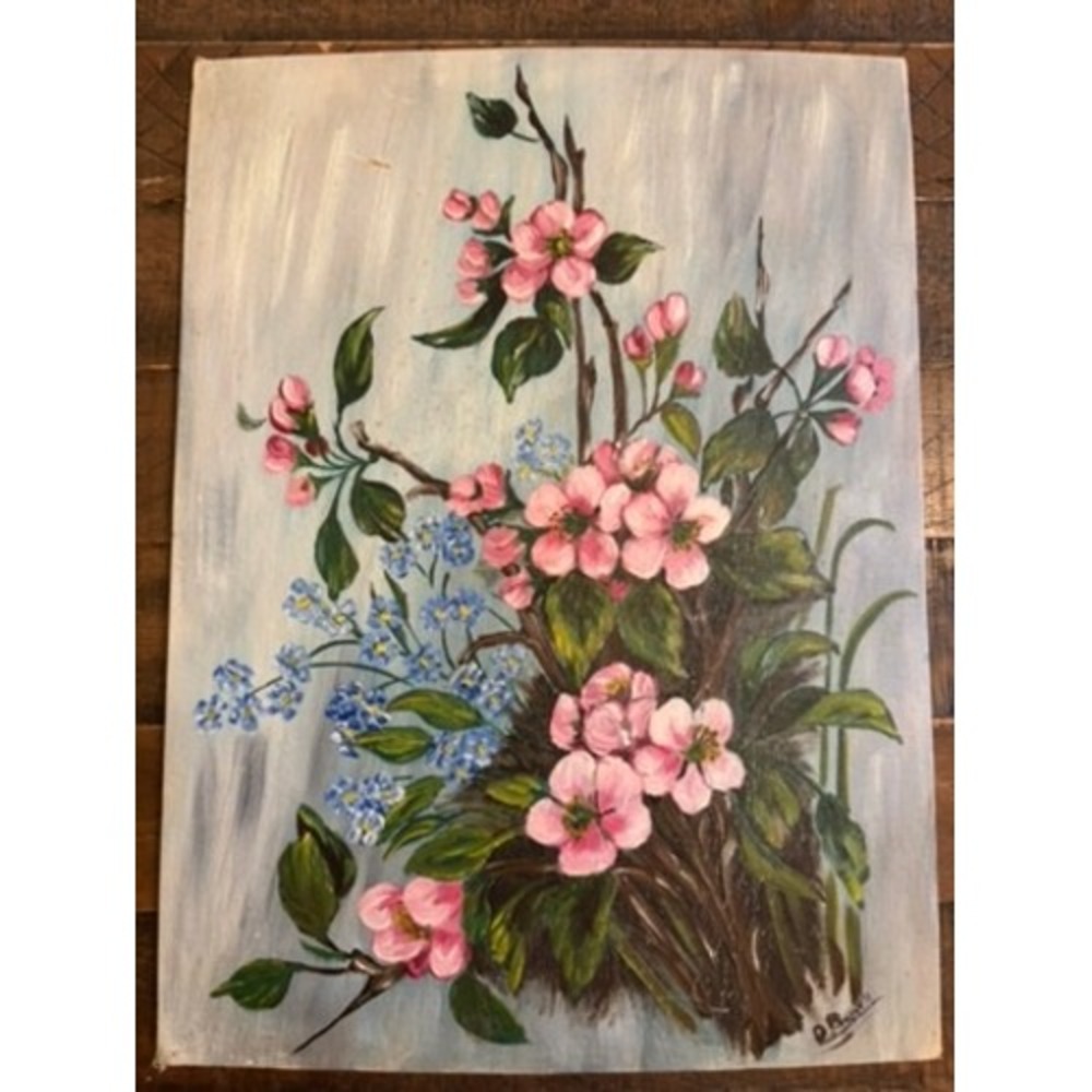 D.B. Brown Original Floral Oil Painting Pink Blue Flowers Vintage Canvas Board